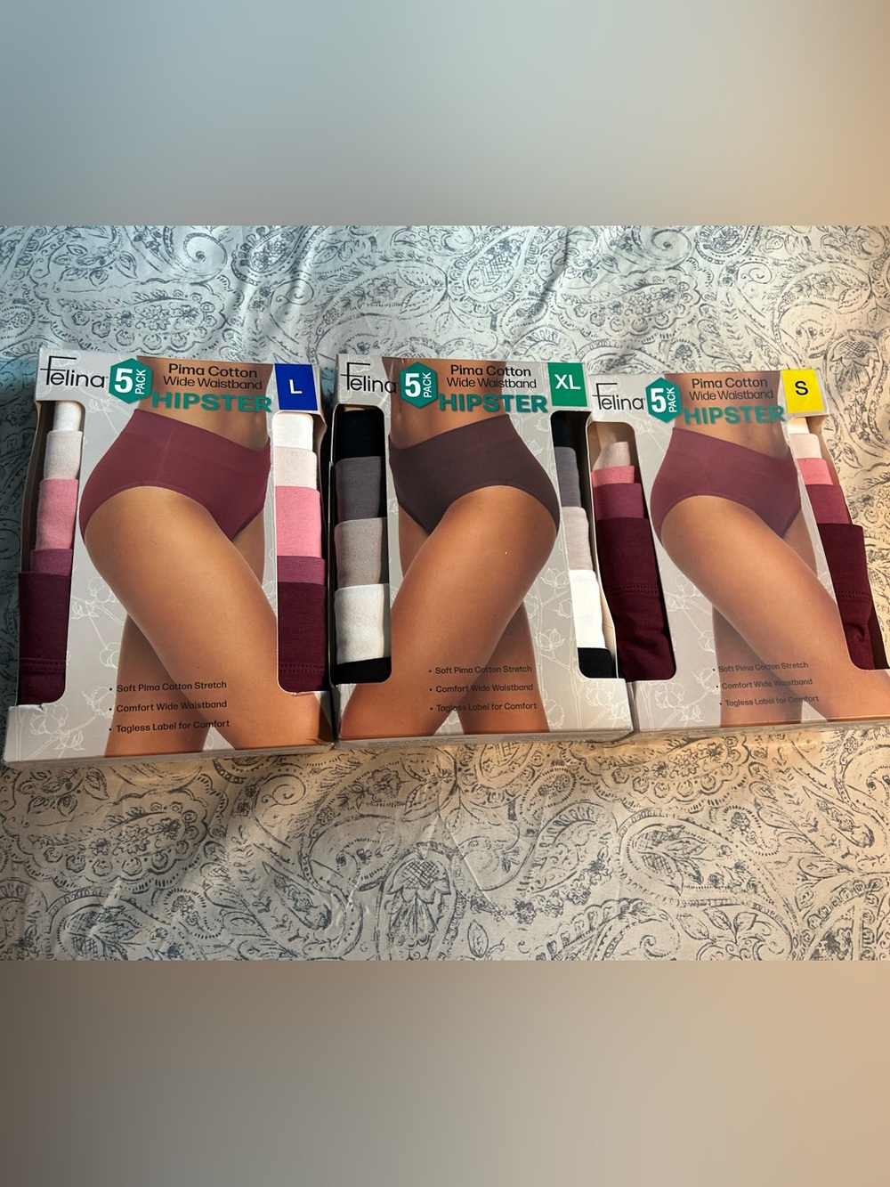 Felina Hipster Panties Pack - Burgundy, Pink, White, Black, Plum Mix small